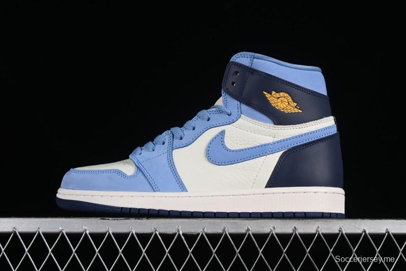 Nike Air Jordan 1 High OG "First in Flight" Basketball Shoes with UNC Blue and Yellow Accents - FD2596-400
