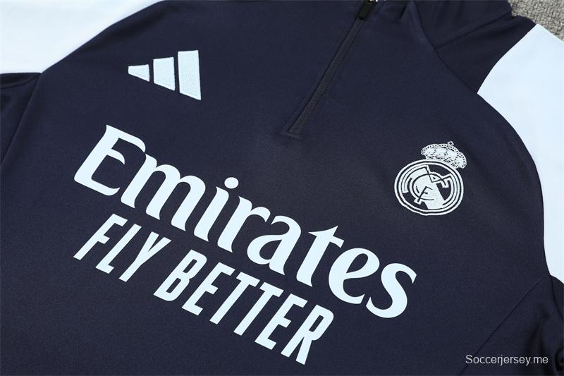 24/25 ريال مدريد أبيض/بحري جاكيت نصف سحاب أبيض/بحري+بنطال طويل