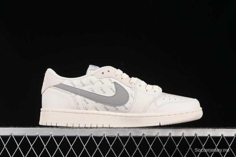Nike Travis Scott x Fragment Design x Air Jordan 1 Low OG SP AJ1 Retro Sneakers with Reverse Swoosh - SJ2068-115