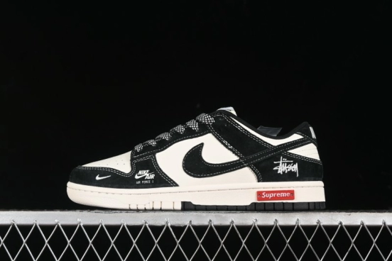 Nike SB Dunk Low Supreme x Stussy Triple Collaboration - Black White Black Swoosh Anniversary Custom Low Top Casual Skate Shoes - SJ2068-300