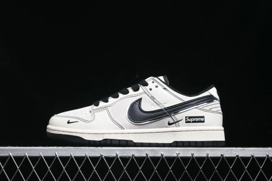 Nike SB Dunk Low Supreme Collaboration - Black Stitch Mini Swoosh Custom Low-Top Casual Skate Shoes - XX3186-302