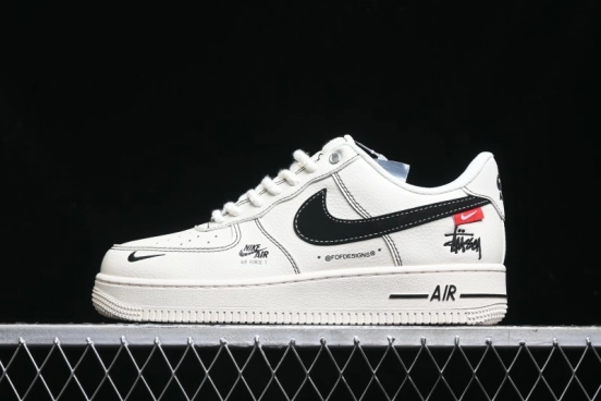 Nike Air Force 1 '07 Low Stussy Collaboration - White Black Swoosh Red Tab Low-Top Casual Sneakers - SJ6698-015