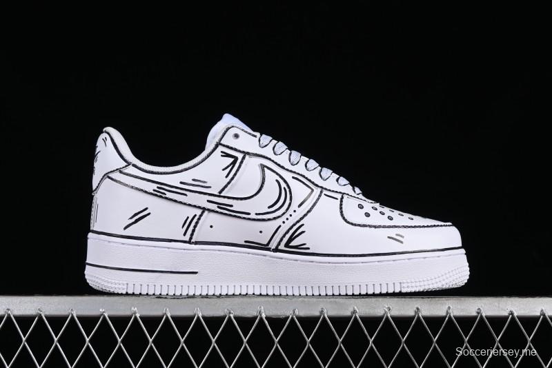 Nike Air Force 1 '07 Low Casual Sneakers with Black and White Hand-Drawn Manga Design - CW2288-811