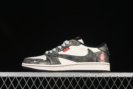 حذاء نايك ترافيس سكوت x Fragment Design x Air Jordan 1 OG Low OG SP AJ1 Year of the Snake إصدار محدود من حذاء رياضي كاجوال منخفض السقف بحبوب الثعبان الأسود - YX5066-309
