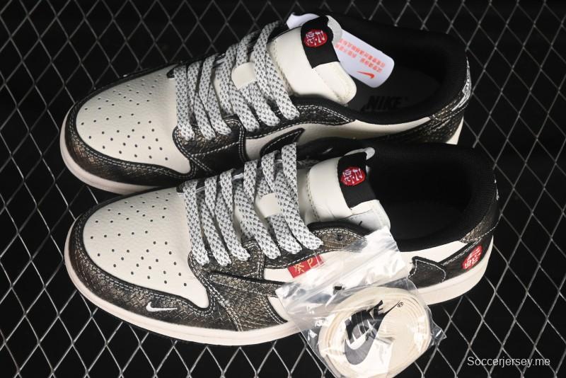 حذاء نايك ترافيس سكوت x Fragment Design x Air Jordan 1 OG Low OG SP AJ1 Year of the Snake إصدار محدود من حذاء رياضي كاجوال منخفض السقف بحبوب الثعبان الأسود - YX5066-309