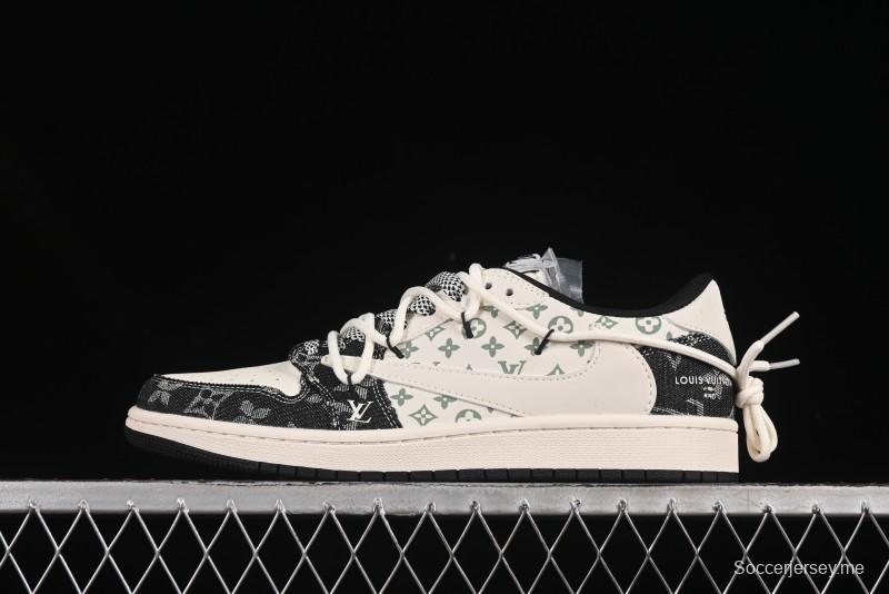نايك ترافيس سكوت × فراجمينت ديزاين × اير جوردان 1 لو OG SP AJ1 LV Collaboration حذاء رياضي أسود منخفض الكاجوال من الدنيم - YX5066-323