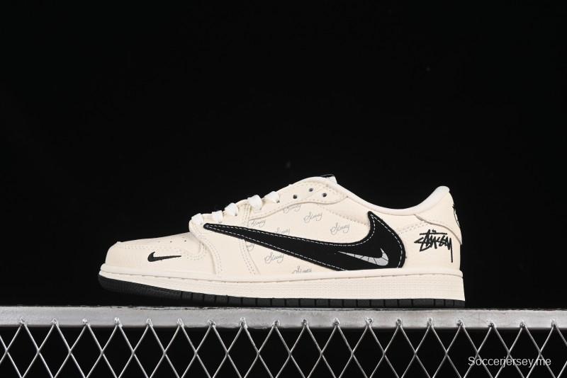 حذاء نايك ترافيس سكوت x Fragment Design x Air Jordan 1 OG Low OG SP AJ1 AJ1 Stussy Collaboration باللون البيج الأسود مع شارة عكسية ذات تصميم منخفض كاجوال - XS2024-043