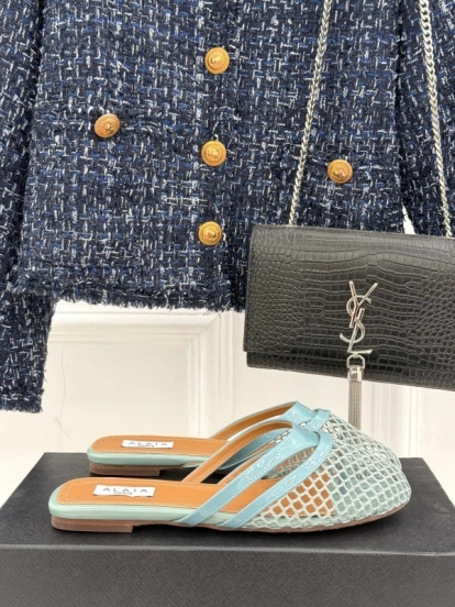 2025 Women AlAIA Light Blue White Leather Mesh Flat Slippers