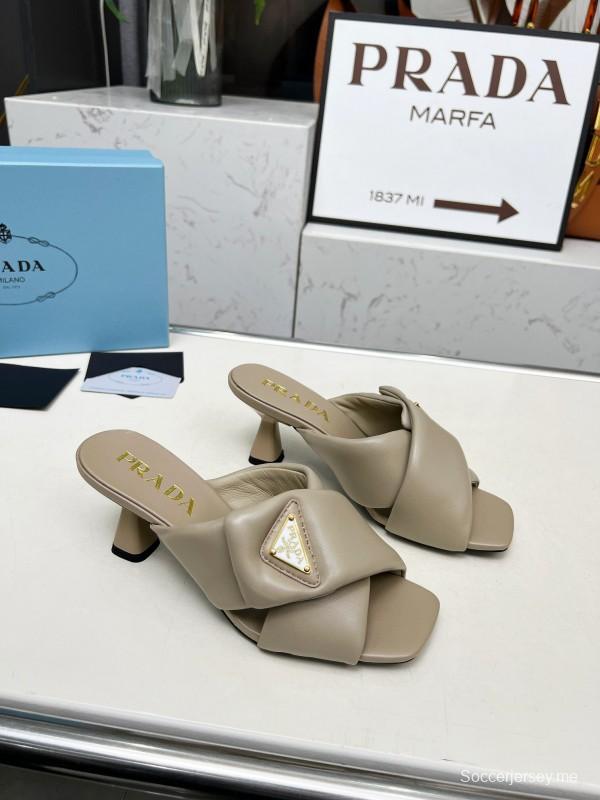 2025 Women Prada Beige Leather Mule Triangle Logo LY00270