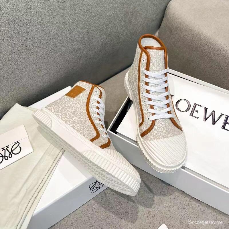 2025 Women Loewe White Brown Canvas High-top Sneakers LY00420