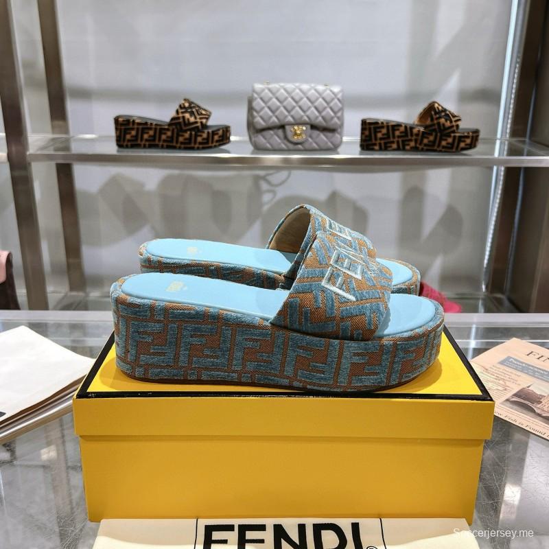 2025 Women Fendi Blue Brown Canvas Slippers