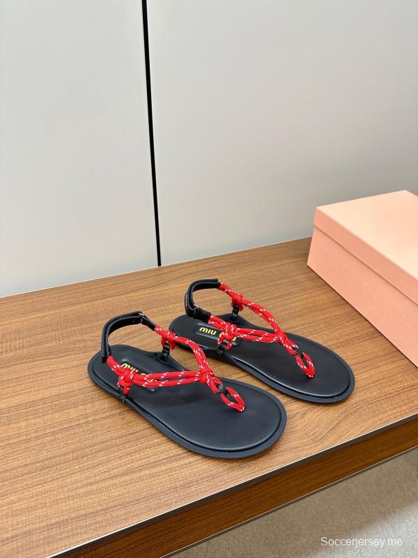 2025 Women Miu Miu Black Red Leather Sandals