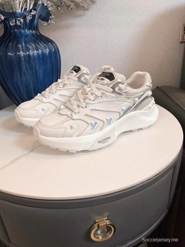 2024 Unisex Valentino White Silver Mesh Leather Sneakers MJ00410
