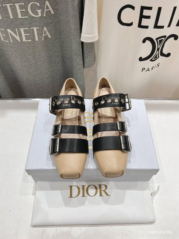 2025 Women Dior Beige Black Leather Mary Jane Buckle KFY00300