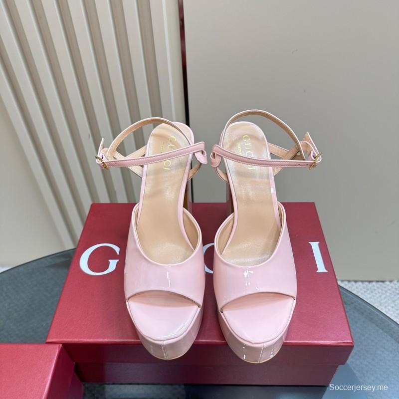 2025 Women Gucci Pink Patent Leather Platform Sandals