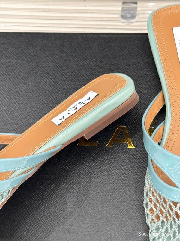 2025 Women AlAIA Light Blue White Leather Mesh Flat Slippers
