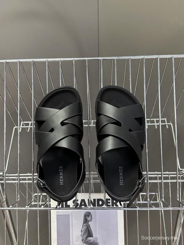 2025 Women Hermès Black Leather Sandals