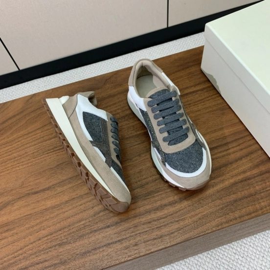 2025 Unisex Brunello Cucinelli Beige Gray White Leather Wool Casual Sneakers LY