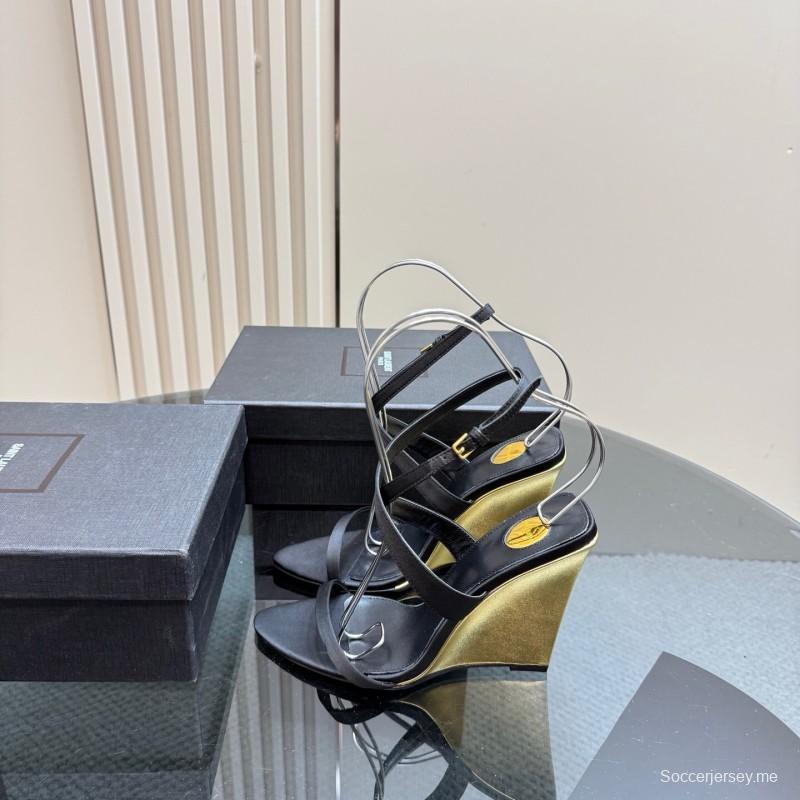 2025 Women Yves Saint Laurent Black And Gold Wedge Sandals Premium Leather Elegant Design LY00360(F)