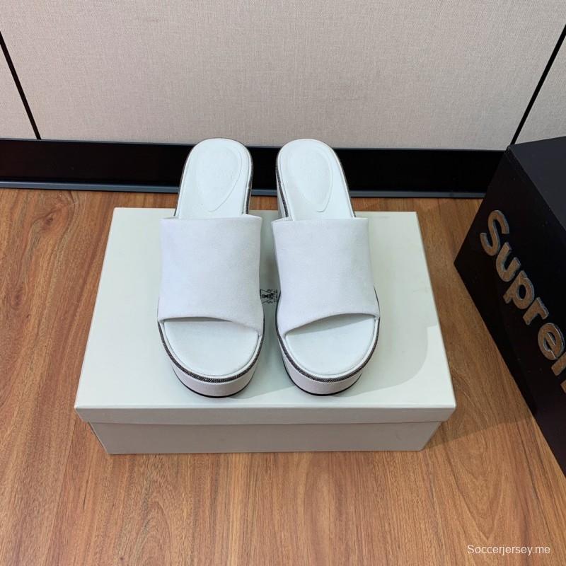 2025 Women BRUNELLO CUCINELLI White Suede Platform Slide Sandals Casual Craftsmanship LY00360(F)