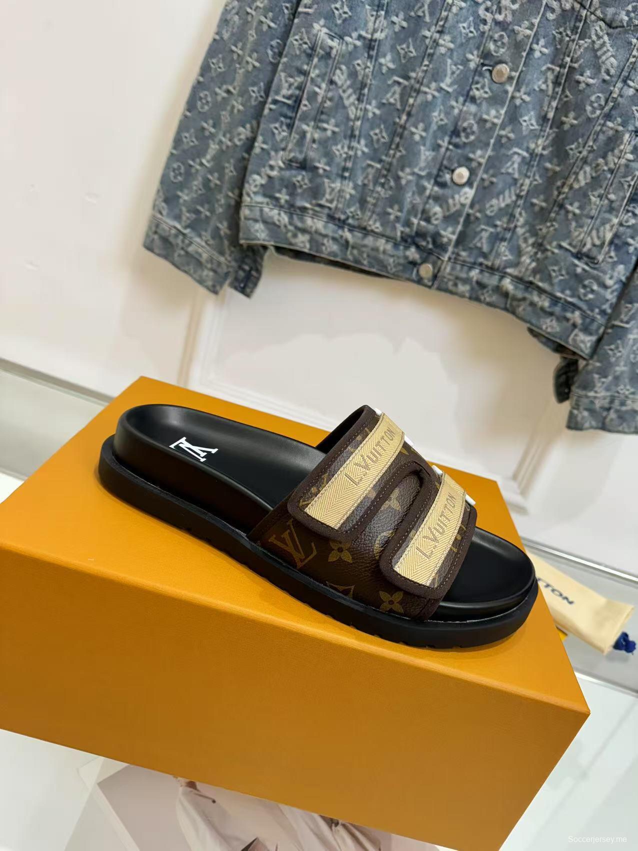 2025 Slippers Louis Vuitton Brown Canvas Leather Slippers LY
