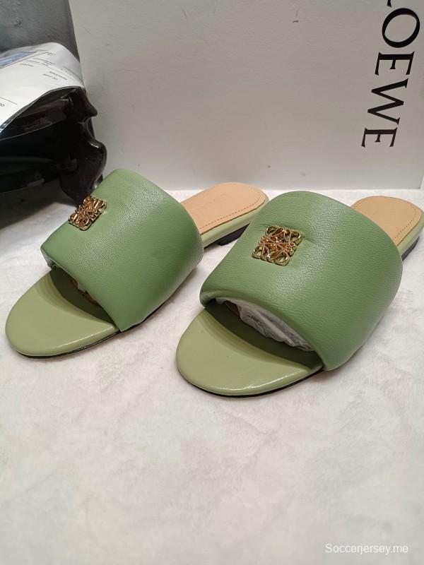 2025 Women Loewe Green Leather Slippers
