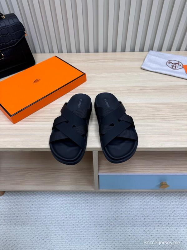 2025 Slippers Unisex Hermès Black Leather Slippers