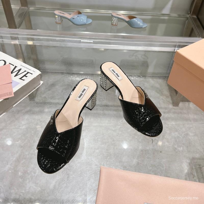 2025 Women Miu Miu Black Patent Leather Heeled Sandals