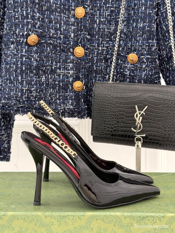 2025 Women Gucci Black Patent Leather Slingback High Heel Chain Detail