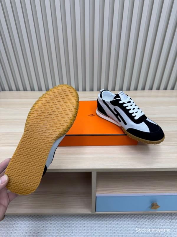 2025 Unisex Hermès Black White Suede Goat Leather Sneakers Top Version LY00310