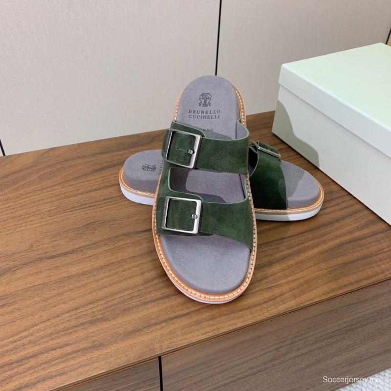 2025 Unisex Brunello Cucinelli Green Suede Leather Slippers KFY00250