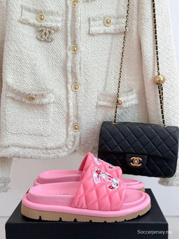 2025 CHANEL Pink Quilted Leather Slippers KFY00260