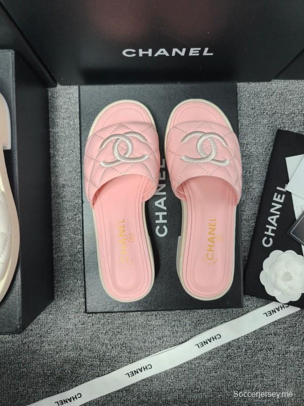2025 Women Chanel Pink Leather Slippers