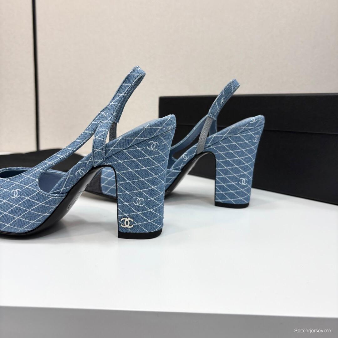 2025 Women Chanel Blue Black Denim Leather Slingback LY00270