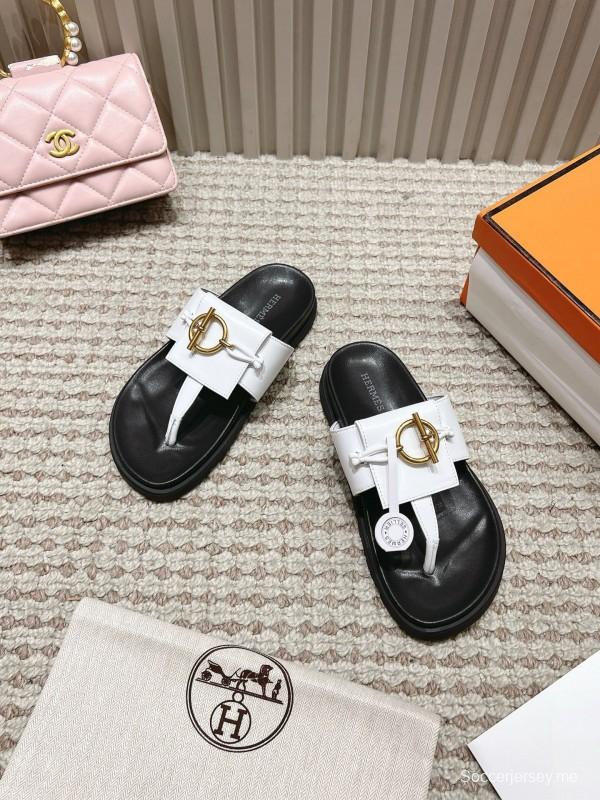 2025 Women Hermès White Leather Slippers LY00270