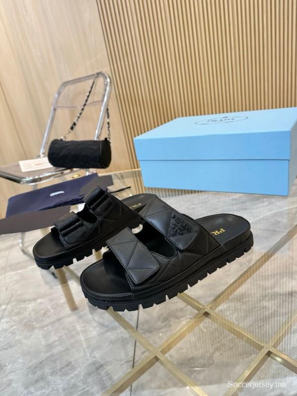 2025 Women Prada Black Leather Slippers