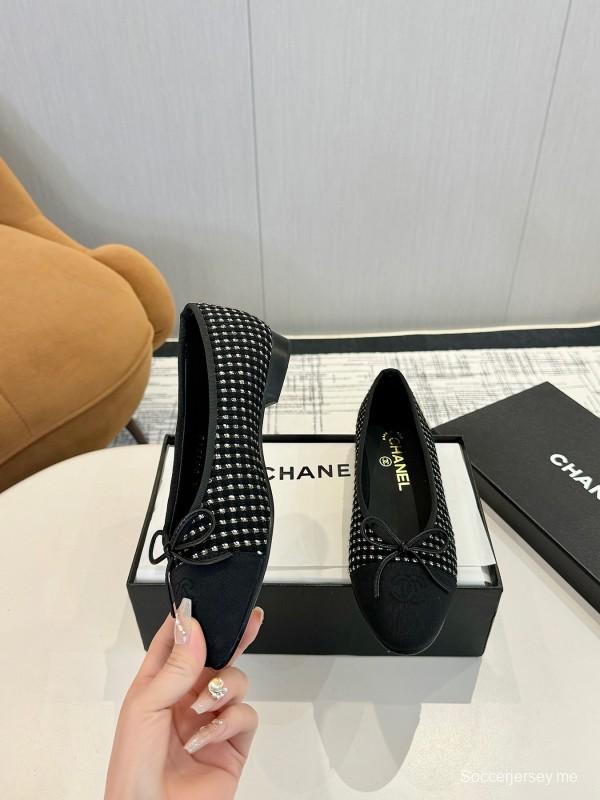 2025 Women Chanel Black White Wool Leather Ballet Flat LY00250