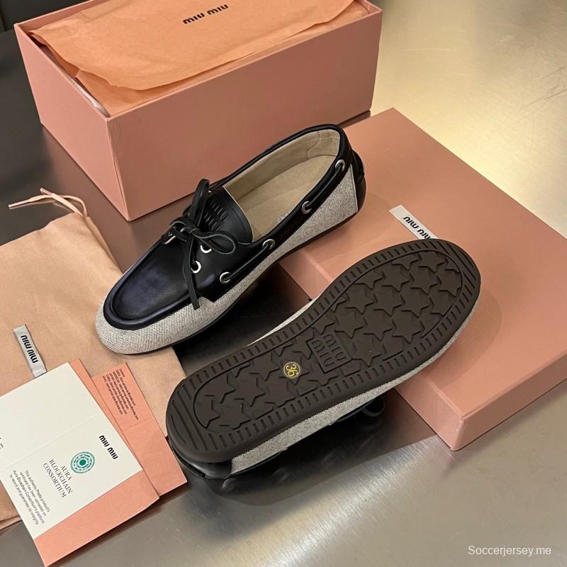 2025 Women Miu Miu Black Beige Leather Fabric Loafers