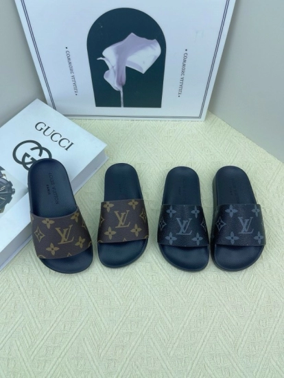 2025 Kids Louis Vuitton Brown Black Leather Slippers