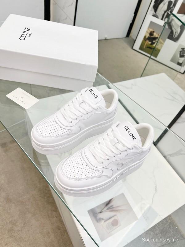 2025 Women Celine White Leather Platform Sneakers Embossed KFY00270