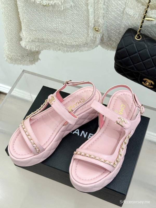2025 Women Chanel Pink Lambskin Platform Sandals Chain Decoration