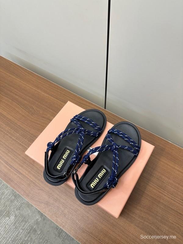 2025 Women Miu Miu Blue Black Leather Rope Sandals