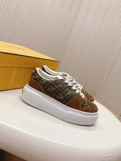 2025 Women Fendi Brown Leather Canvas Sneakers