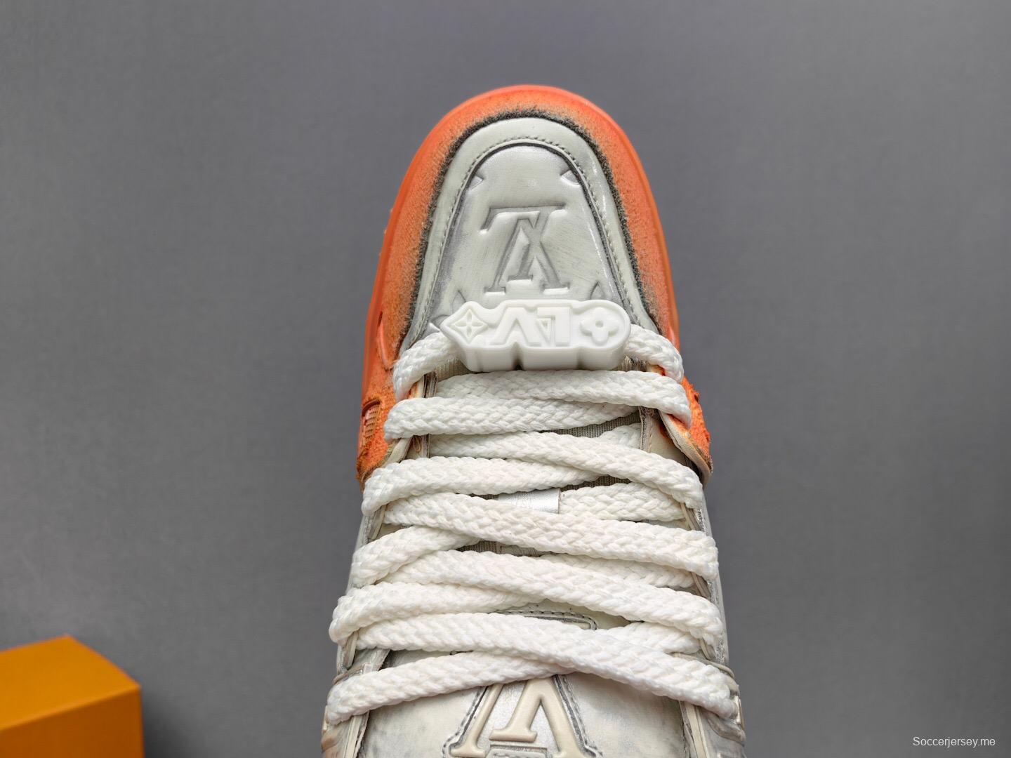 2025 Unisex Louis Vuitton Orange White Denim Leather Plimsolls Complex Wash KFY00510