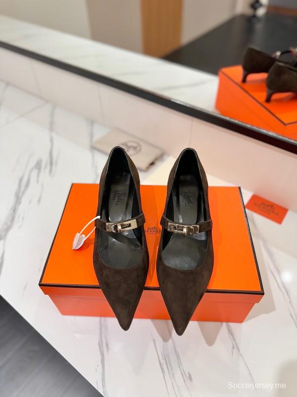 2025 Women Hermès Black Suede Mary Jane Shoes KFY00330