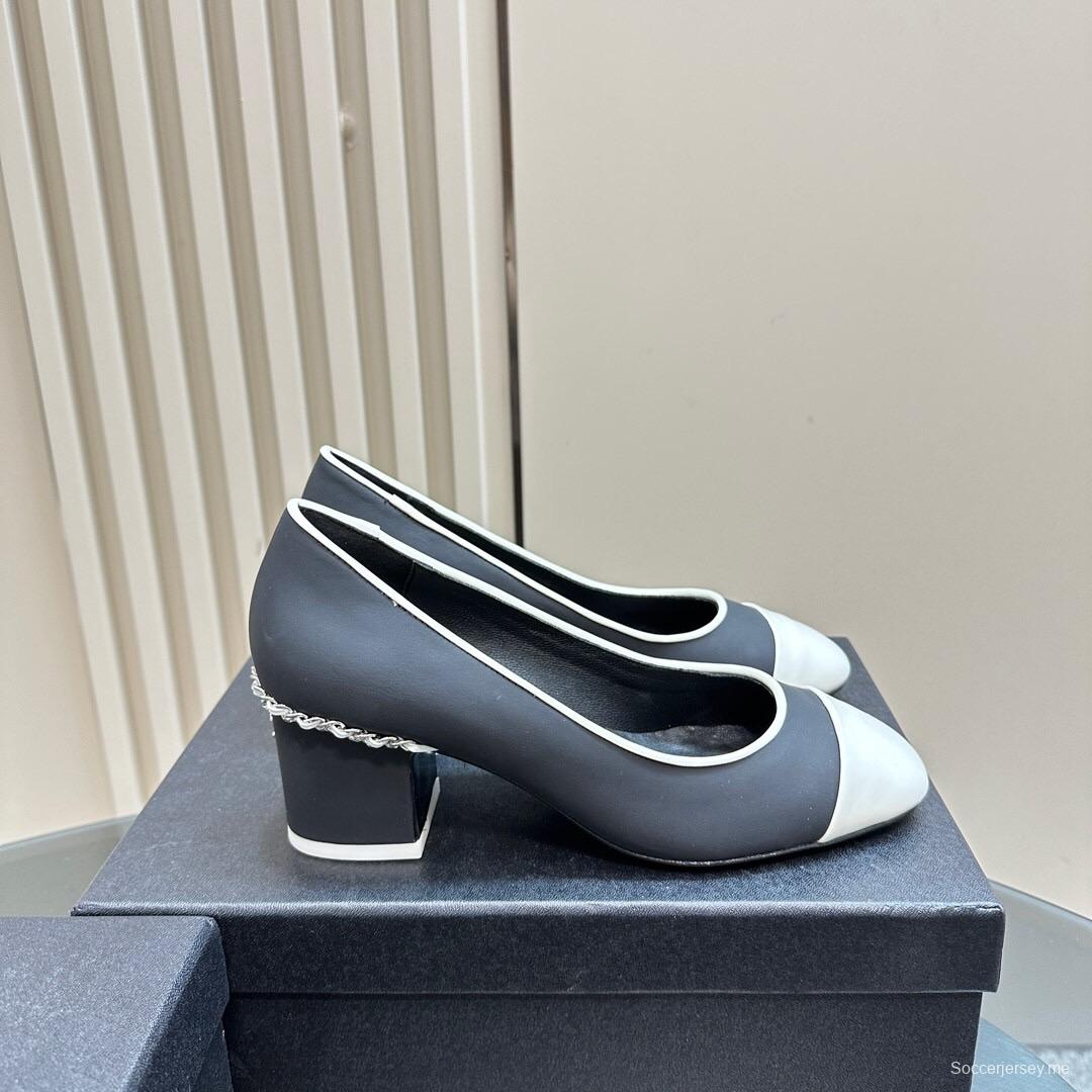 2025 Women Chanel Black White Leather Mary Jane Chain Heel KFY00290