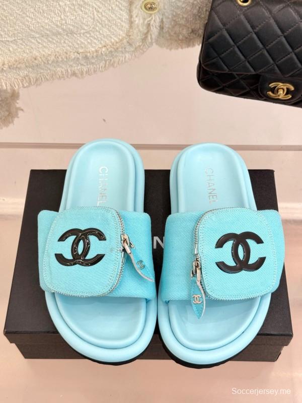 2025 Slippers Chanel Blue Fabric Slippers KFY00220