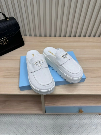 2025 Women Prada White Canvas Platform Loafers