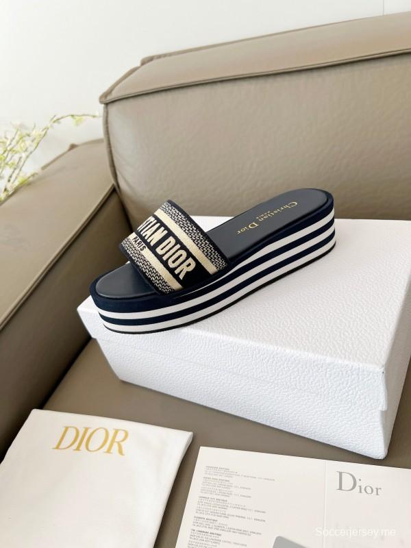 2025 Women Dior Navy White Canvas Platform Slippers LY