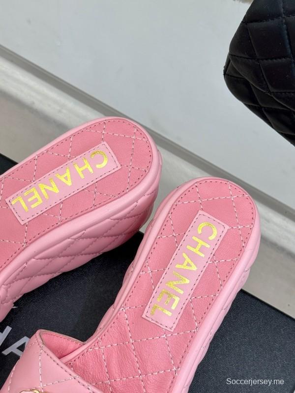2025 Women Chanel Pink Leather Platform Slide Sandals